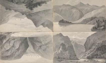 1) (ll) See bei Davos, 2) (lr) Eingang des Passes nach Segnes, 3) (ur) Wiesen