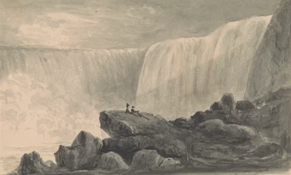 Ansicht der Niagarafälle mit zwei Figuren, die auf einem Felsen im Vordergrund sitzen