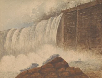 Ansicht der Niagarafälle mit zwei Figuren auf einem Felsen im rechten Vordergrund