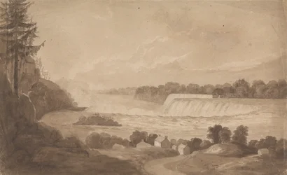 Ansicht der Niagarafälle mit den Fällen im Hintergrund, rechts, und Landschaft mit Häusern im Vordergrund