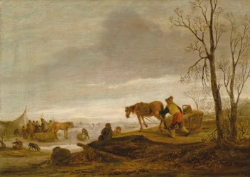 Winterlandschaft mit Figuren auf einem zugefrorenen Fluss