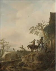 Landschaft mit Reitern, die an einem Gasthof Halt machen