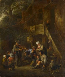 Bauern, die einem blinden Geiger vor einem Cottage zuhören