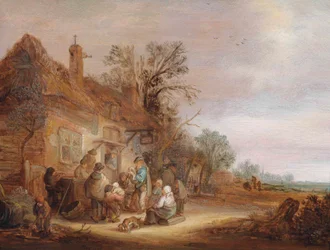 Bauern und Musiker vor einer Taverne