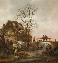 Winterlandschaft mit einem Cottage in der Nähe einer Brücke
