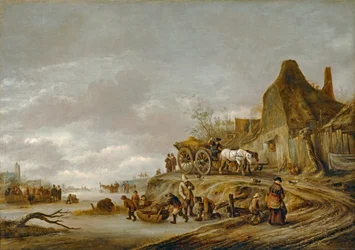 Gefrorener Kanal mit Karren auf einem Weg