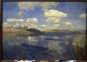 Der See (Ansicht eines Sees mit Schilf, einem Dorf und Feldern)