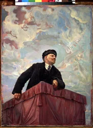 Porträt von Wladimir Lenin (1870-1924), russischer Politiker und Revolutionär, am Rednerpult. 1927. Sankt Petersburg, Russisches Museum.