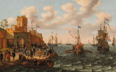 Ein niederländischer Dreimaster und eine päpstliche Galeere mit anderen Schiffen entlang der Küste einer befestigten Stadt, ca. 1662