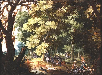 Waldlandschaft mit Jägern und Hunden