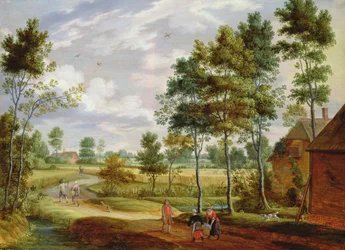 Figuren vor einem Cottage in einer ländlichen Landschaft