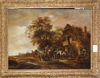 Reiter erfrischen sich vor einem Gasthaus, mit anderen Figuren und einem Pferdewagen