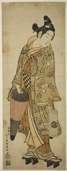 Der Schauspieler Sanogawa Ichimatsu I als junger Mann mit einem Regenschirm und einer Laterne