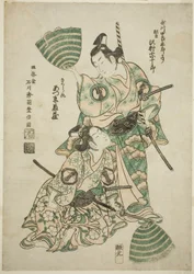 Der Schauspieler Sawamura Sojuro II (ehemals Utagawa Shirogoro) als Matsuomaru und Azumo Tozo I als Sakuramaru im Stück "Sugawara Denju Tenarai Kagami," aufgeführt im Morita-Theater, 1750