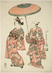 Die Schauspieler Nakamura Kiyosaburo I als Matsuyama und Ichimura Kamezo I als Wanya Kyubei im Stück "Yoritomo Gunbai Kagami," aufgeführt im Ichimura-Theater im elften Monat, 1749