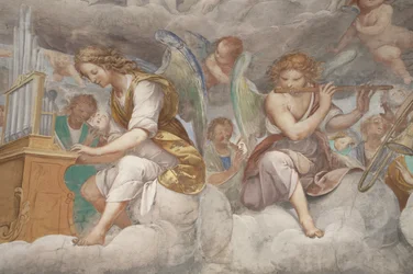 Engel, musizierende Engel und Putten, Detail des Paradieses mit ewigem Vater (Detail)