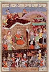 Islamische Kunst: „Sohrab (Saharab) blickt auf das schwarze Zelt der Anführer der persischen Armee“. Persische Miniatur aus einer Handschrift des epischen Gedichts „Schāhnāme“ (Shah Nama, Shahnama) (Buch der Könige) von Firdausi (Firdawsi oder Ferdawsi