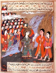 Islamische Darstellung von Adam und Eva, vertrieben aus dem Paradies von Erzengel Gabriel. Miniatur aus dem Manuskript „Zubdat al Tawarikh“ (Creme der Geschichten) von Historiker Seyyyid Loqman Ashuri 1538. Türkisches und Islamisches Kunstmuseum Istanbul