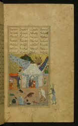 Majnun, in Ketten, wird von der alten Frau zu Laylás Zelt geführt