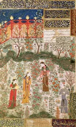 Der persische Prinz Humay trifft die chinesische Prinzessin Humayun in einem Garten, ca. 1450