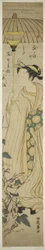 Junge Frau mit Sonnenschirm bewundert Hirugao (Mittagsblumen)
