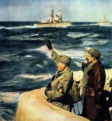 Mussolinis Reise nach Libyen. Der Duce inspiziert die italienische Flotte. 1926. Farbige Fotografie