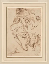 Studie von gefesselten männlichen Figuren, die misshandelt werden, und verschiedenen Putti, einer hält einen Palmwedel