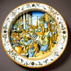 Ein Congiarium im antiken Rom (kostenlose Verteilung von Wein und Öl an das Volk). Keramikteller, um 1550 in Urbino in der Werkstatt Fontana, Italien, hergestellt. Florenz, Museo Nazionale del Bargello