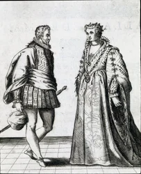 Ein Paar des italienischen Adels. Gravur aus „Il ballarino“ über den Tanz des Tanzmeisters Fabritio Caroso, 1581. Civico Museo Biblioteca Musicale, Bologna