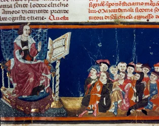 Ein Meister und seine Schüler, Miniatur der Florentiner Schule aus einer Ausgabe des „Pater noster“ von Ser Zucchero Bencivenni (MS.II.VI 16), Anfang des 14. Jahrhunderts, Florenz, Nationalbibliothek
