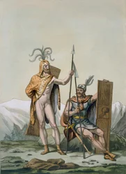 Alte keltische Krieger in Kampfmontur, ca. 1800-18