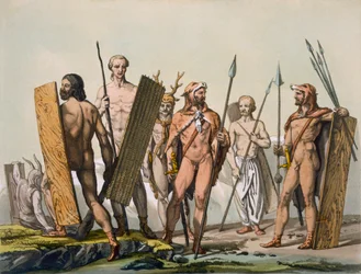 Antike keltische Krieger, für den Kampf gekleidet, mit einem Schamanen, ca. 1800-18