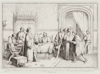 Antonio Condulmero lehnt die goldene Halskette ab, die ihm vom König von Frankreich geschenkt wurde (Gravur)