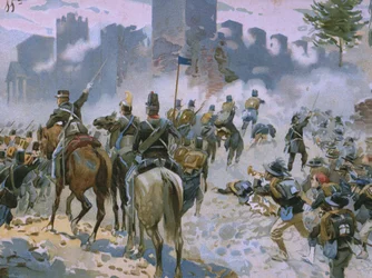 Schlacht von Solferino und San Martino, 24. Juni 1859, Illustration aus einem für die Schokolade Talmone angefertigten Album zur Geschichte des Risorgimento, spätes 19. Jahrhundert