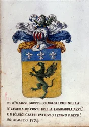 Wappen der Familie Greppi aus Mailand, Helm, Lilien und Drache. 18. Jahrhundert, Staatsarchiv von Mailand.