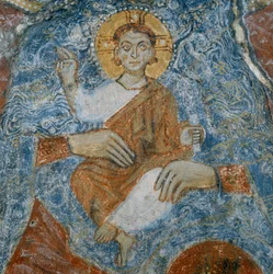 Christus, Detail des Freskos der Madonna mit Kind und den Engeln Raffael und Gabriel