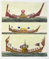 Cochin-chinesische Schiffe, Illustration aus Le Costume Ancien et Moderne von Giulio Ferrario, veröffentlicht ca. 1820er-30er Jahre