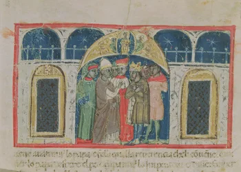 Codex Correr I 383 Der Frieden zwischen Papst Alexander III. (1159-81) und Kaiser Friedrich Barbarossa (ca. 1123-1190) auf dem Markusplatz