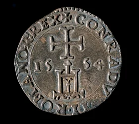 Währung der Republik Genua: silberner Teston (oder Testone) der Benediktion. Vorderseite mit Darstellung des Genua-Portals unter einem Kreuz. 1554 Genua, Musei di Strada Nuova