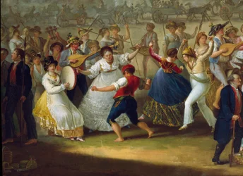 Tanzszene und Volksfest in Neapel Tarantella-Tänzer. Anonymes Gemälde. 18. Jahrhundert Neapel, Museo Nazionale di San Martino