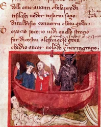 Dante und Virgil auf dem Boot von Phlegyas treffen Filippo Argenti (Gesang 8 der Hölle, in der Göttlichen Komödie)