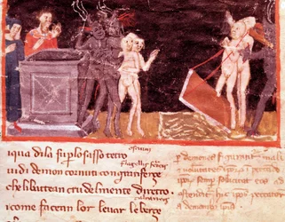 Dante und Vergil, umgeben von den Zuhältern und Verführern (18. Gesang der Hölle in der Göttlichen Komödie) - Miniatur