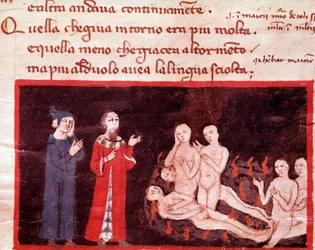 Dante und Virgil umgeben von den Gewalttätigen (Gesang 14 aus der Hölle, in der Göttlichen Komödie) - Miniatur 14. Jahrhundert