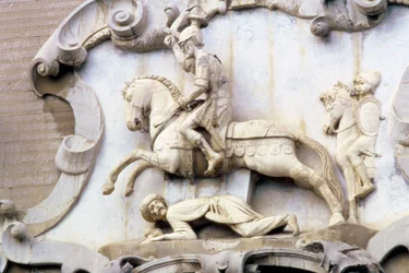 Detail eines Portals, das Graf Roger (1031-1101) zeigt, wie er einen Muslim angreift, 1534