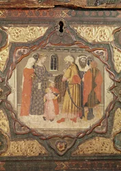 Detail eines Cassone, das die Geschichte von Saladin und Torello von Istrien zeigt, von Giovanni Boccaccio