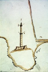 Detail einer handschriftlichen topografischen Karte des 17. Jahrhunderts, die die Position der Laterne von Genua zeigt