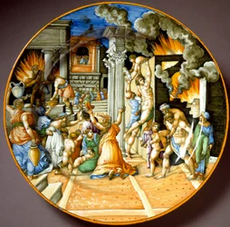 Aeneas und sein Vater Anchises während des Brandes von Troja. Keramikteller aus Urbino. Um 1560. Museo Nazionale del Bargello, Florenz