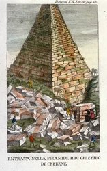 Eingang von Belzoni in die Pyramide von Gizeh (Guiseh, Giza, Gizeh) oder Chephren (Altes Reich). Giovanni Battista (Gianbattista) Belzoni (1778-1823), italienischer Entdecker und Archäologe, hat wichtige archäologische Entdeckungen in Ägypten gemacht. Grav
