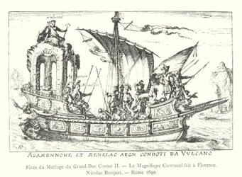 Hochzeitsfeier des Großherzogs Cosimo II., Der prächtige Karussell in Florenz, Nicolas Bocquet, Rom 1690 (Stich)