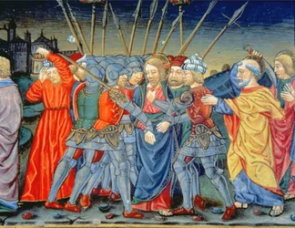 Fol.105v Simon Petrus verteidigt Christus und verwundet einen Soldaten mit einem Schwert